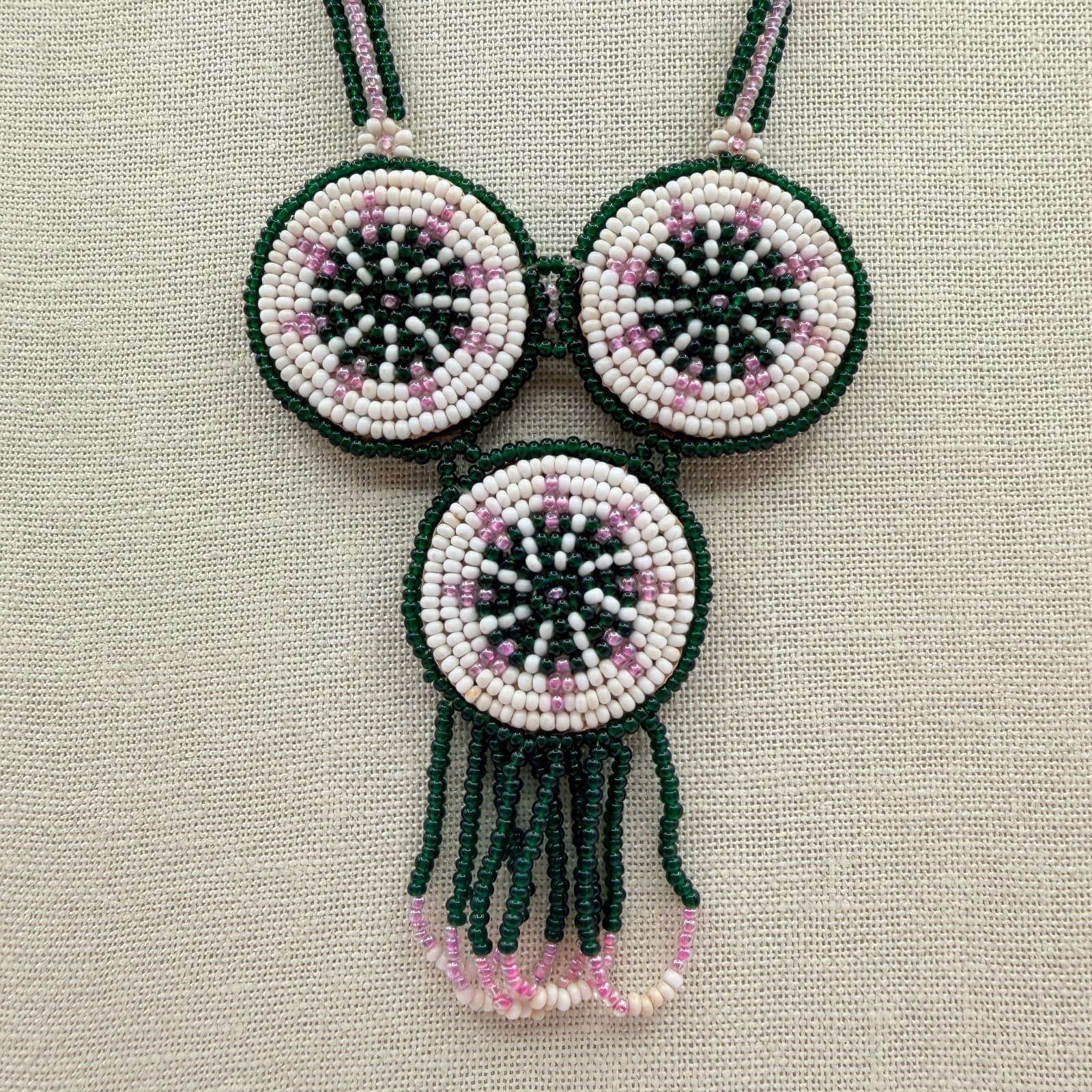 Vintage Y2K Handmade Seed Bead Medallion Statement Necklace Fringe Boho Jewelry - Thumbnail 8