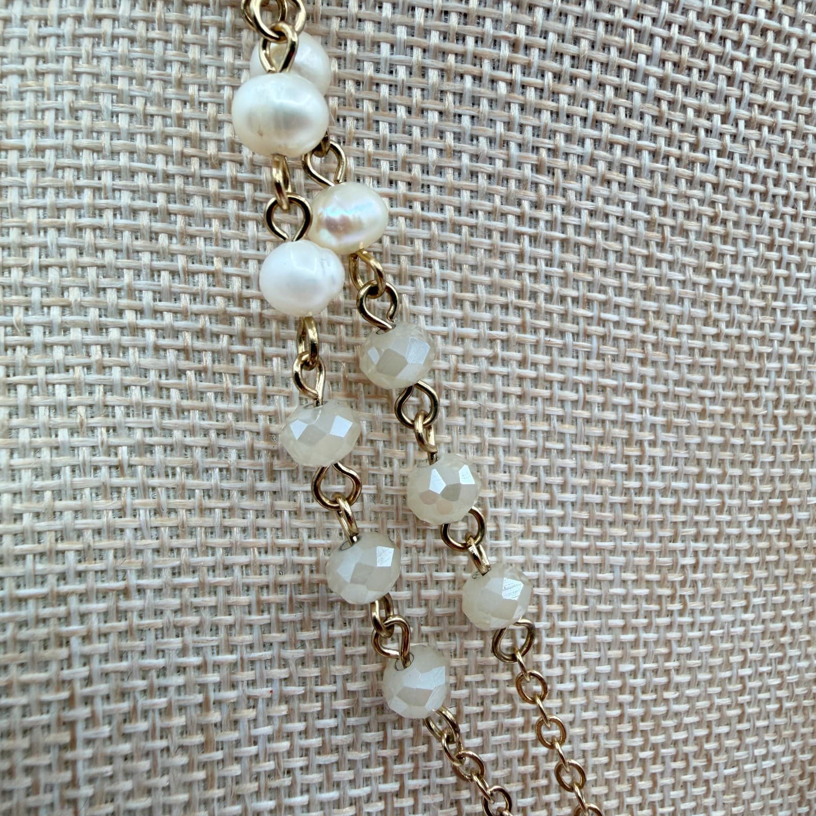 Vintage Y2K Gold Tone Double Chain Necklace Pearl Munster Leaf Stone Jewelry - Thumbnail 7