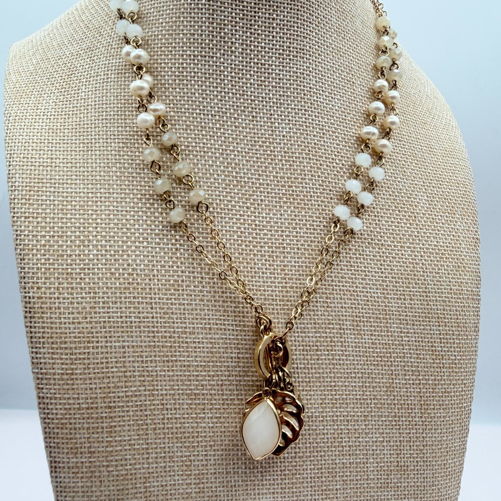 Vintage Y2K Gold Tone Double Chain Necklace Pearl Munster Leaf Stone Jewelry - Thumbnail 8