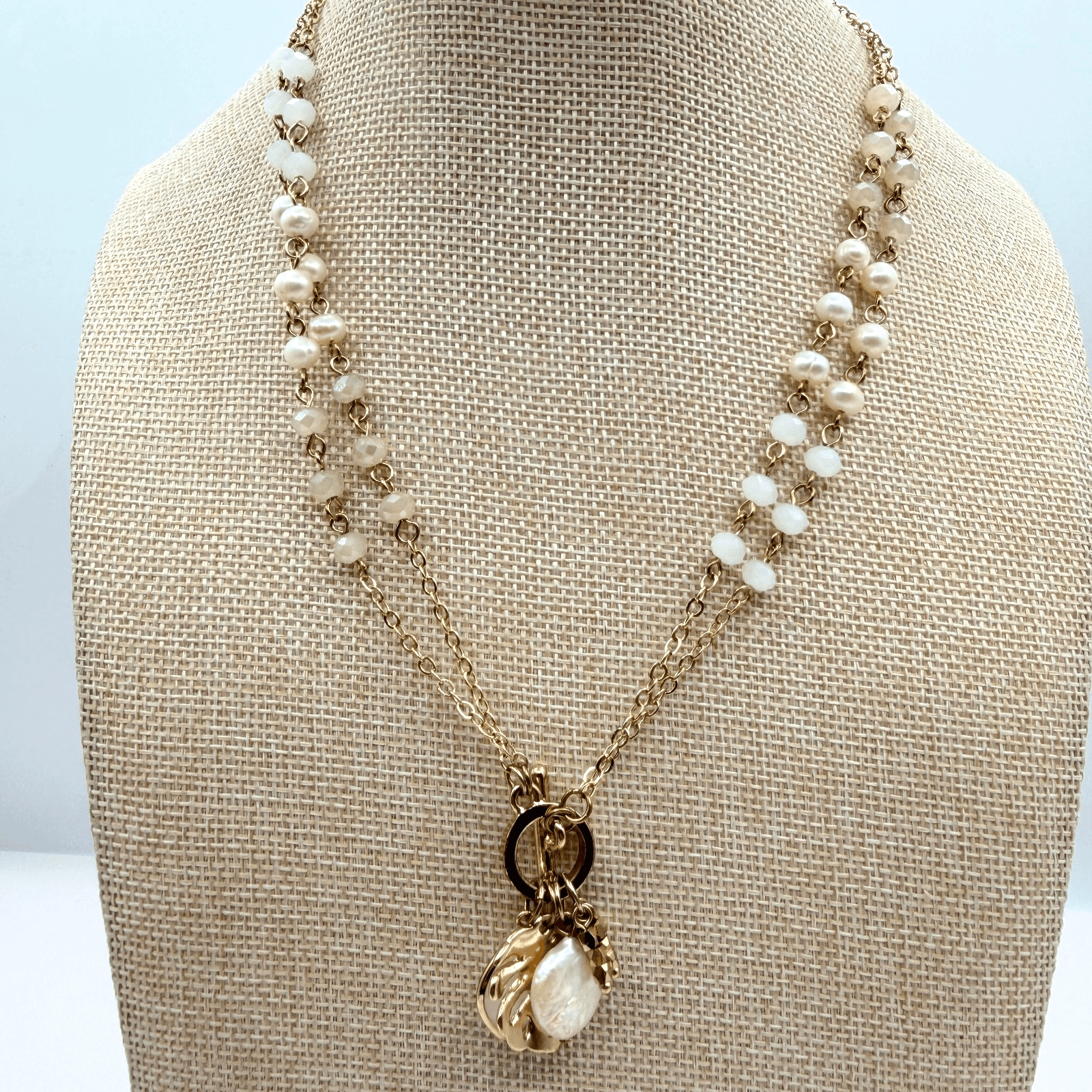 Vintage Y2K Gold Tone Double Chain Necklace Pearl Munster Leaf Stone Jewelry - Image 1