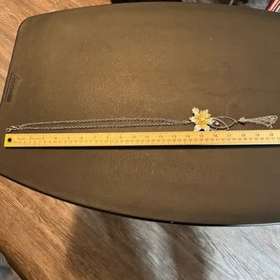 VTG Statement Floral Pendant Necklace Silver Gold Tone Rhinestone Tassel Dangle - Thumbnail 8