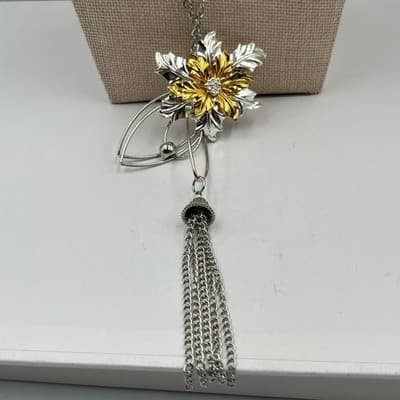 VTG Statement Floral Pendant Necklace Silver Gold Tone Rhinestone Tassel Dangle - Thumbnail 3