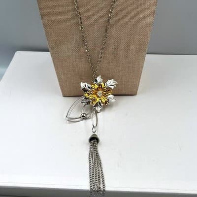 VTG Statement Floral Pendant Necklace Silver Gold Tone Rhinestone Tassel Dangle - Image 1