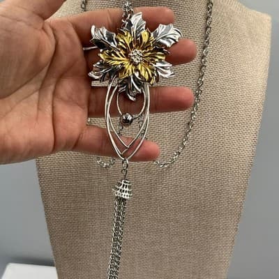 VTG Statement Floral Pendant Necklace Silver Gold Tone Rhinestone Tassel Dangle - Thumbnail 5