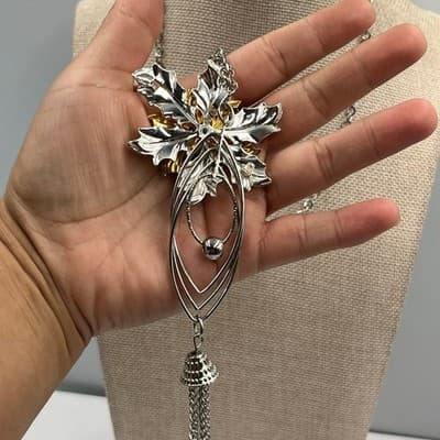 VTG Statement Floral Pendant Necklace Silver Gold Tone Rhinestone Tassel Dangle - Thumbnail 6