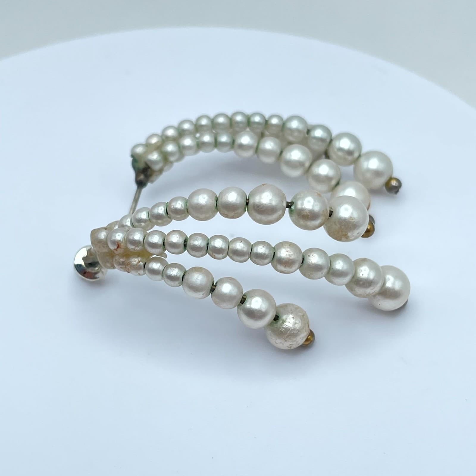 VTG 1980s Gold Tone Cream Mother Of Pearls Multi-Strand J-Hoops Dangle Earrings - Image 1