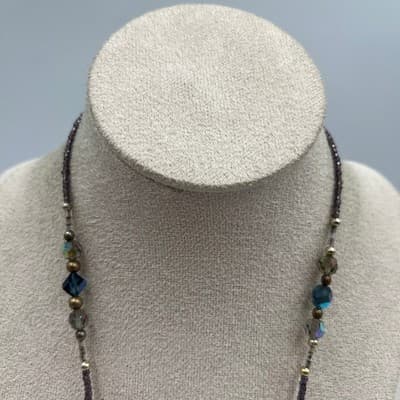 VTG Multicolor Beaded Statement Necklace Purple Blue Faceted Beads Chunky Center - Thumbnail 2