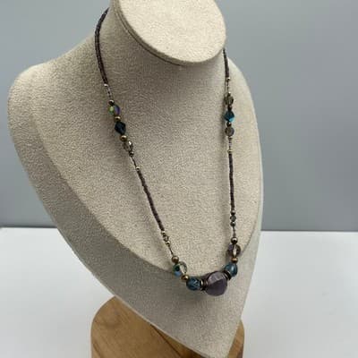 VTG Multicolor Beaded Statement Necklace Purple Blue Faceted Beads Chunky Center - Thumbnail 5