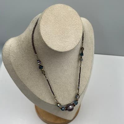 VTG Multicolor Beaded Statement Necklace Purple Blue Faceted Beads Chunky Center - Thumbnail 6