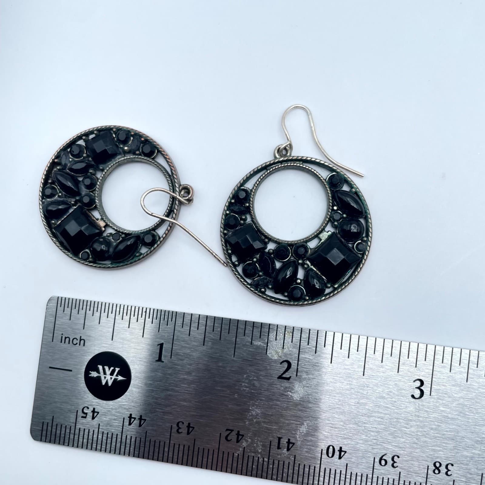 Vintage Silver-Tone Retro Gothic Faceted Onyx Beads Hoop Dangle Hook Earrings - Thumbnail 7