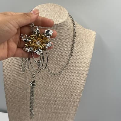 VTG Statement Floral Pendant Necklace Silver Gold Tone Rhinestone Tassel Dangle - Thumbnail 7
