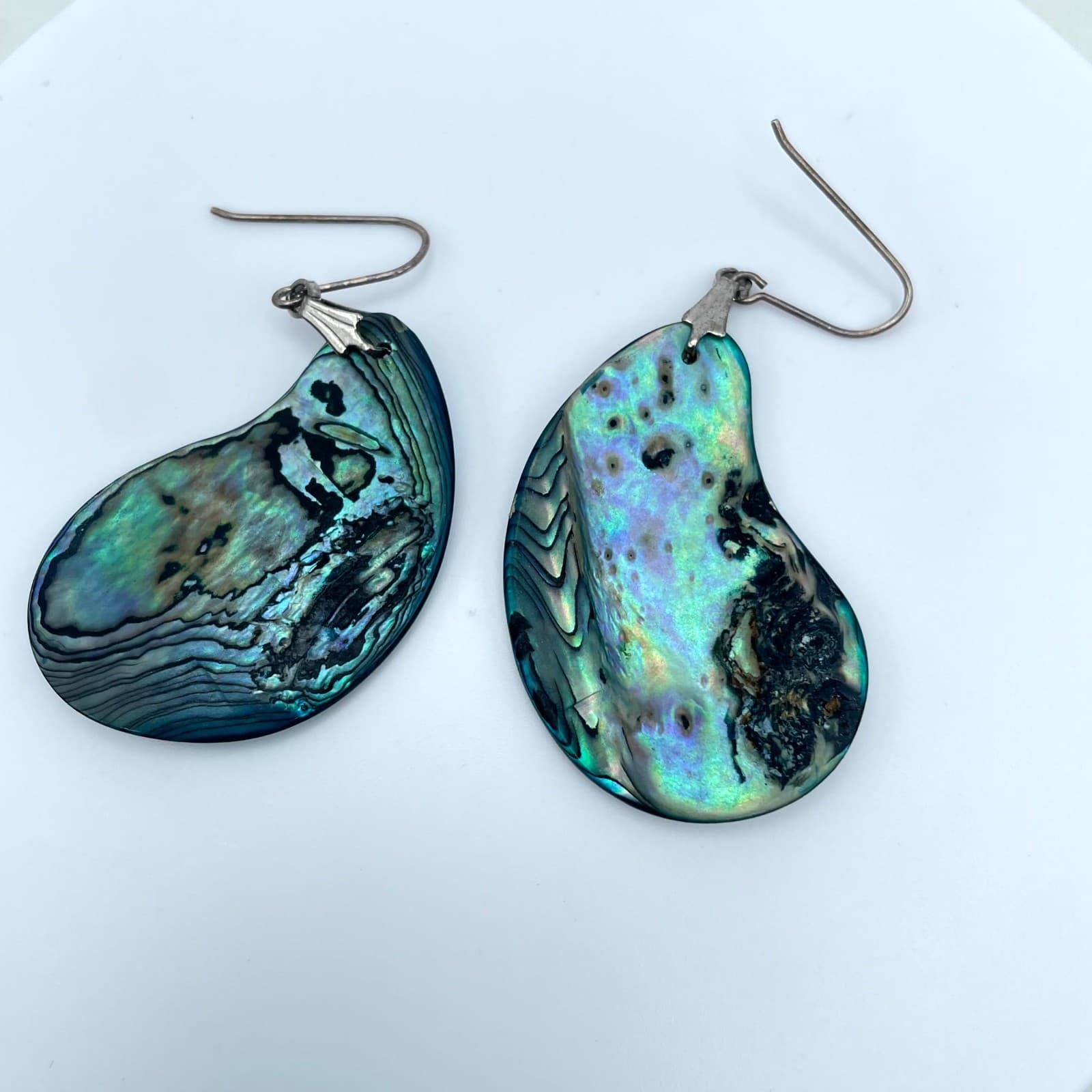 Bohemian Silver-Tone Green Iridescent Abalone Shell Teardrop Drop Hook Earrings - Thumbnail 3