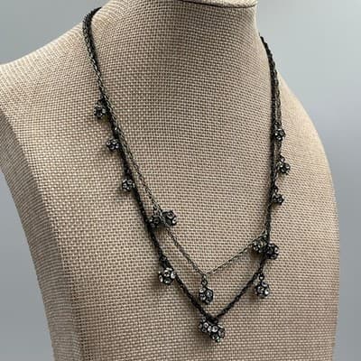 VTG Loft Layered Chain Necklace Black Silver Tone Rhinestone Dangle Bead Cluster - Thumbnail 4