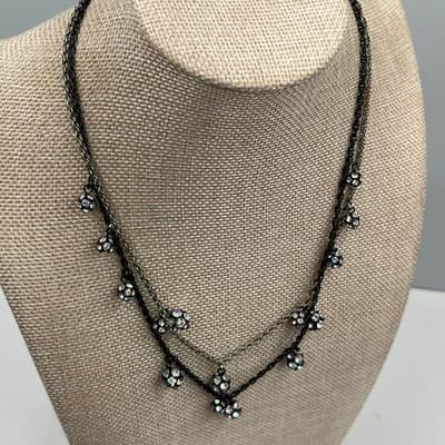 VTG Loft Layered Chain Necklace Black Silver Tone Rhinestone Dangle Bead Cluster - Thumbnail 5
