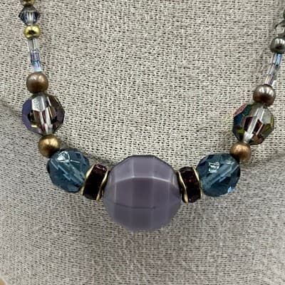 VTG Multicolor Beaded Statement Necklace Purple Blue Faceted Beads Chunky Center - Thumbnail 4