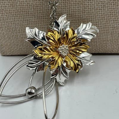 VTG Statement Floral Pendant Necklace Silver Gold Tone Rhinestone Tassel Dangle - Thumbnail 4