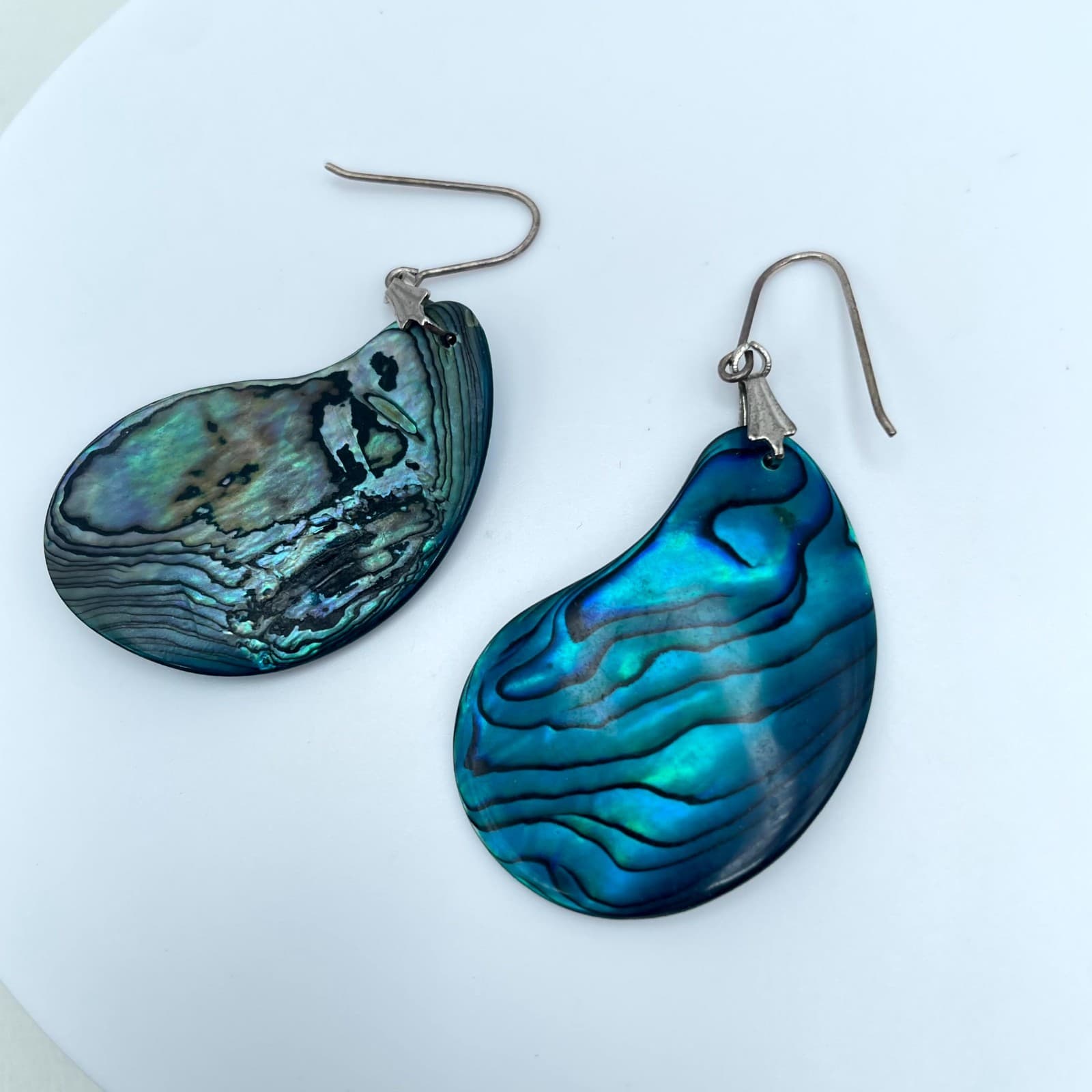 Bohemian Silver-Tone Green Iridescent Abalone Shell Teardrop Drop Hook Earrings - Image 1
