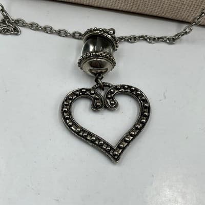 Vintage Y2K Silver Tone Heart Pendant Necklace Earrings Set Glass Bead Dangle - Thumbnail 4