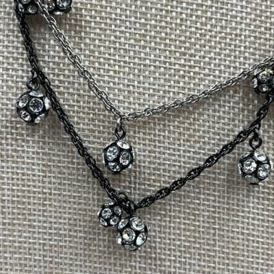 VTG Loft Layered Chain Necklace Black Silver Tone Rhinestone Dangle Bead Cluster - Thumbnail 3