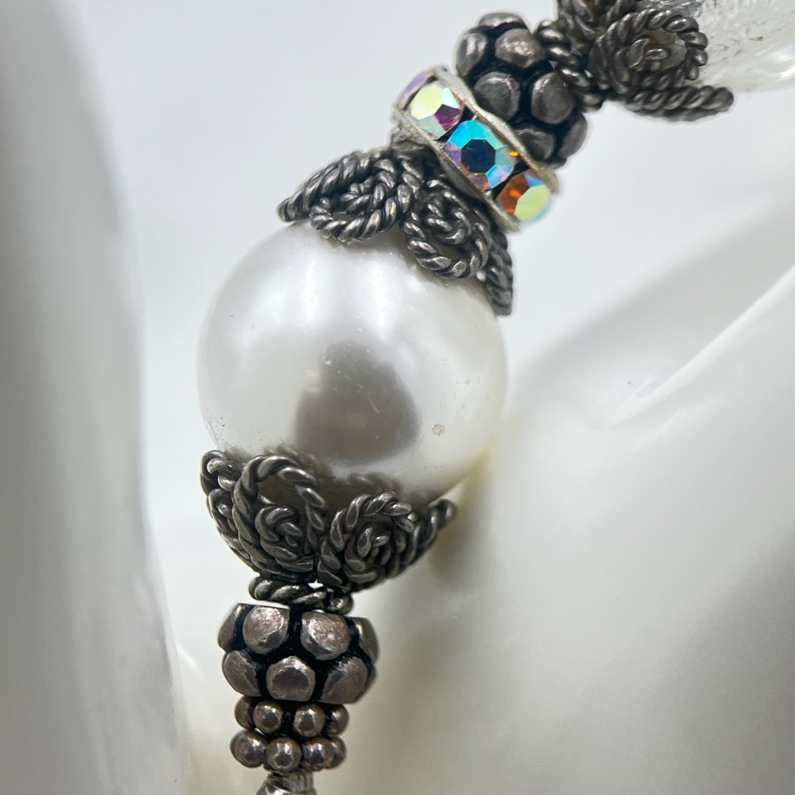 Vintage Elegant Silver Tone Pearl Crystal Bead Bead Heart Toggle Clasp Bracelet - Thumbnail 5