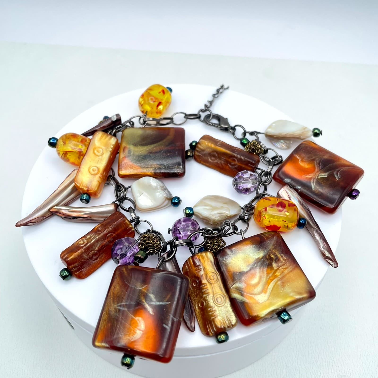 Bohemian Black Amber-Inspire Chain Pearls Multi Strand Statement Charm Bracelet - Image 1