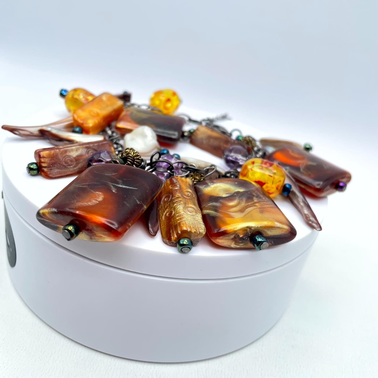 Bohemian Black Amber-Inspire Chain Pearls Multi Strand Statement Charm Bracelet - Thumbnail 5