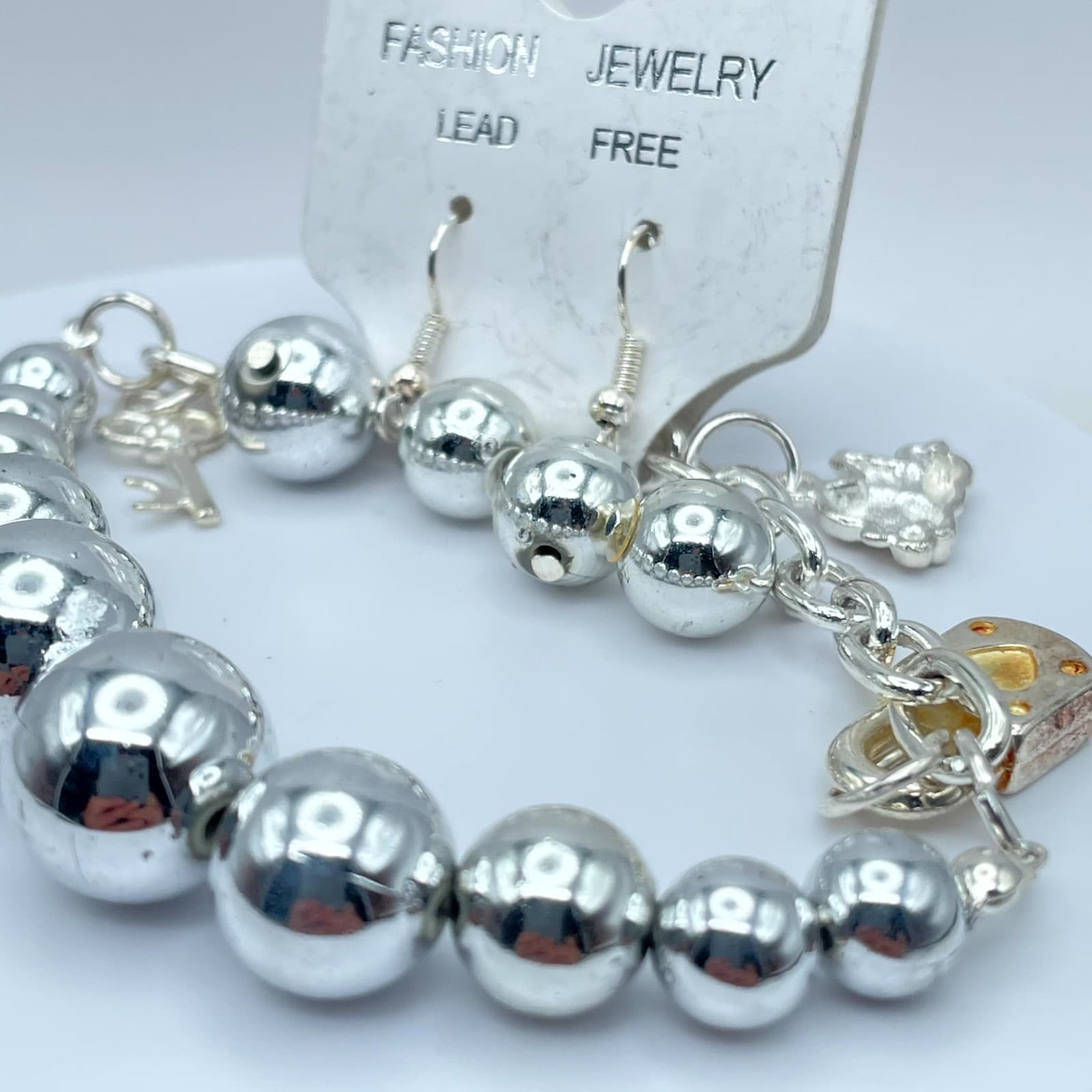 Y2K Circa 2010s Silver-Tone Key Bear Lock Charm Bracelet & Dangle Earrings Set - Thumbnail 3