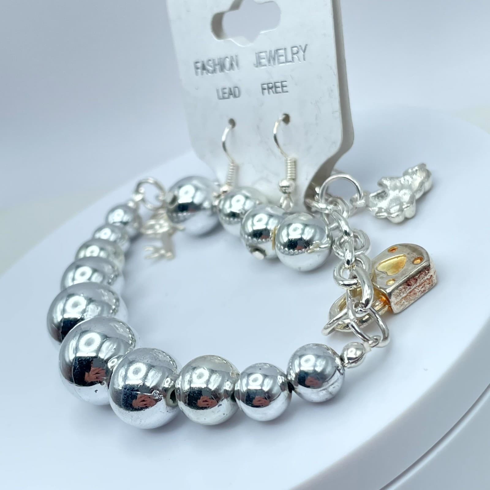 Y2K Circa 2010s Silver-Tone Key Bear Lock Charm Bracelet & Dangle Earrings Set - Thumbnail 4