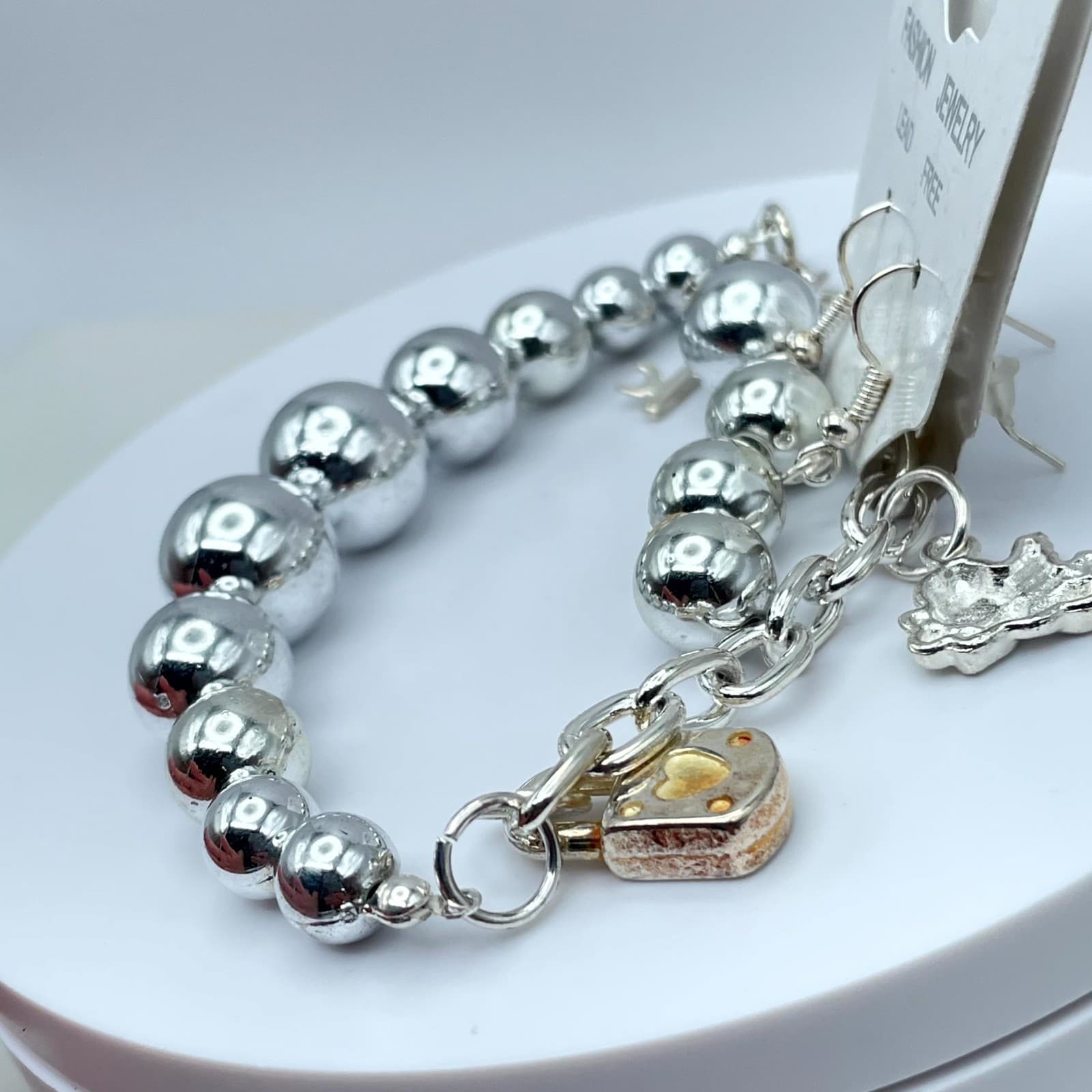 Y2K Circa 2010s Silver-Tone Key Bear Lock Charm Bracelet & Dangle Earrings Set - Thumbnail 5