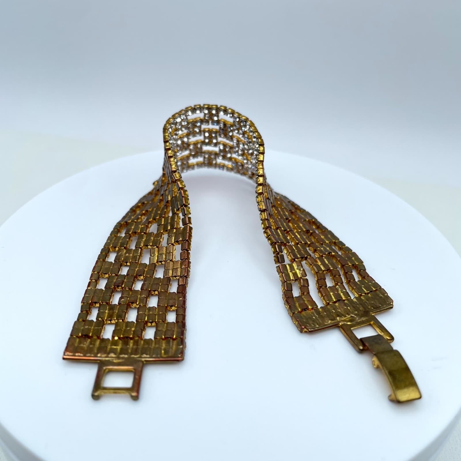 Vintage Retro Gold-Tone Classic Hollywood Glamour Prong Rhinestone Cuff Bracelet - Thumbnail 3