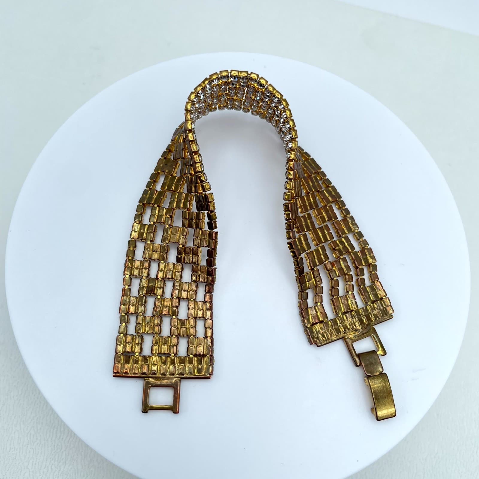 Vintage Retro Gold-Tone Classic Hollywood Glamour Prong Rhinestone Cuff Bracelet - Thumbnail 4