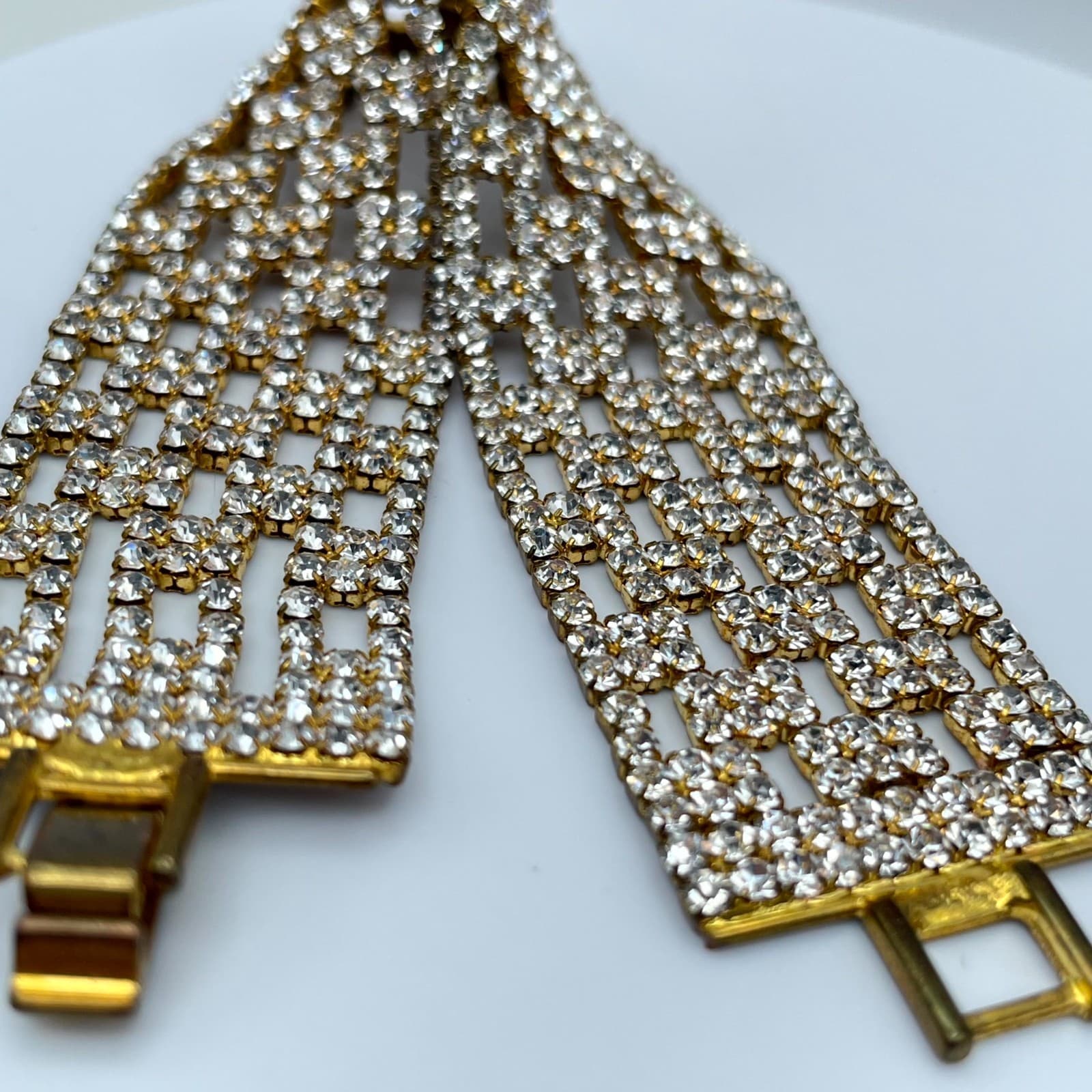 Vintage Retro Gold-Tone Classic Hollywood Glamour Prong Rhinestone Cuff Bracelet - Thumbnail 6