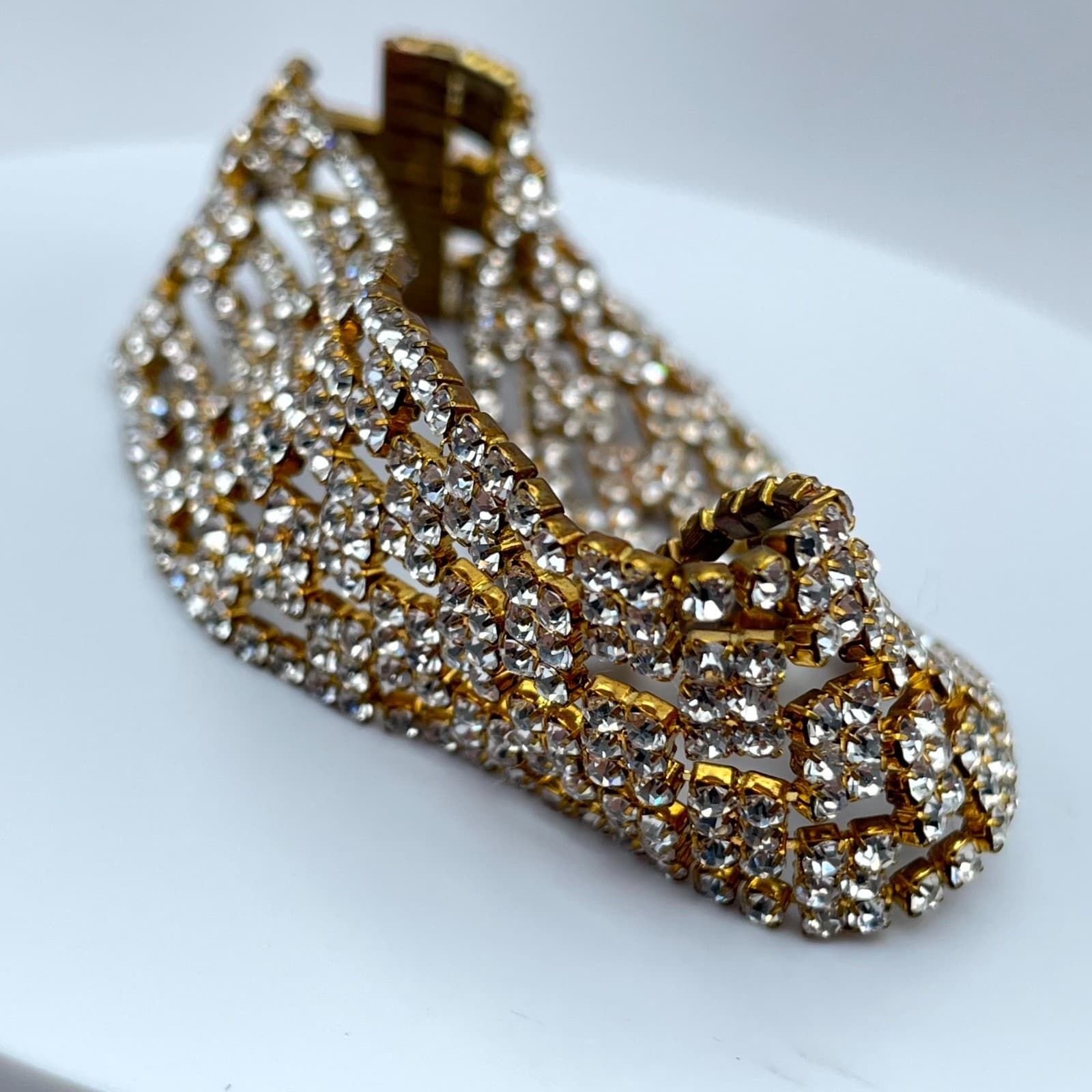 Vintage Retro Gold-Tone Classic Hollywood Glamour Prong Rhinestone Cuff Bracelet - Thumbnail 8