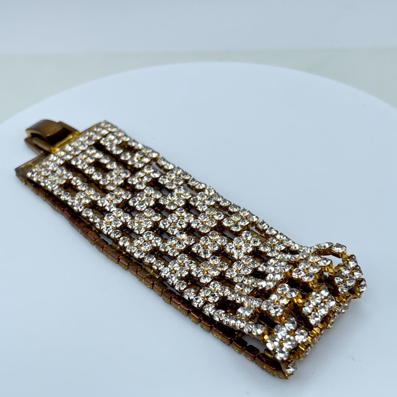 Vintage Retro Gold-Tone Classic Hollywood Glamour Prong Rhinestone Cuff Bracelet - Thumbnail 9