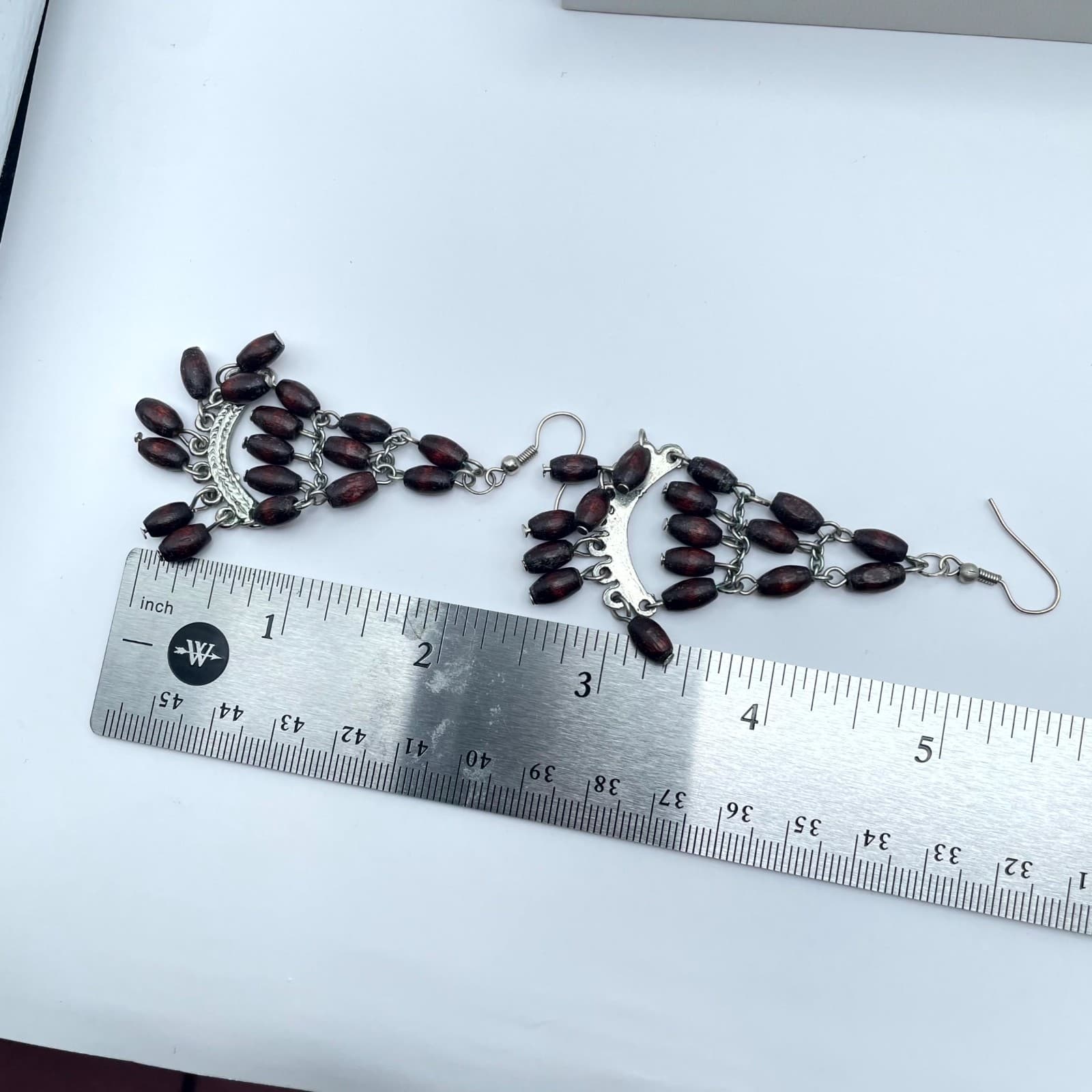 Vintage Silver-Tone Tribal Oval Wooden Beads Dangle Chandelier Hook Earrings - Thumbnail 2