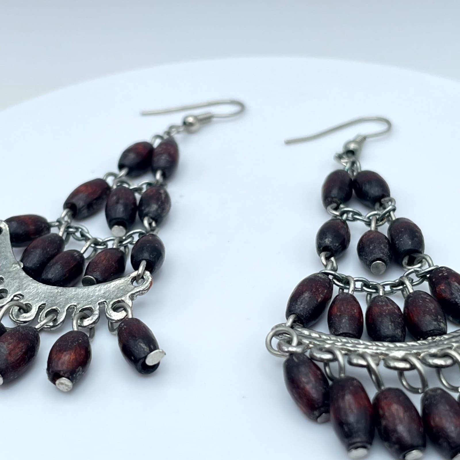 Vintage Silver-Tone Tribal Oval Wooden Beads Dangle Chandelier Hook Earrings - Thumbnail 4