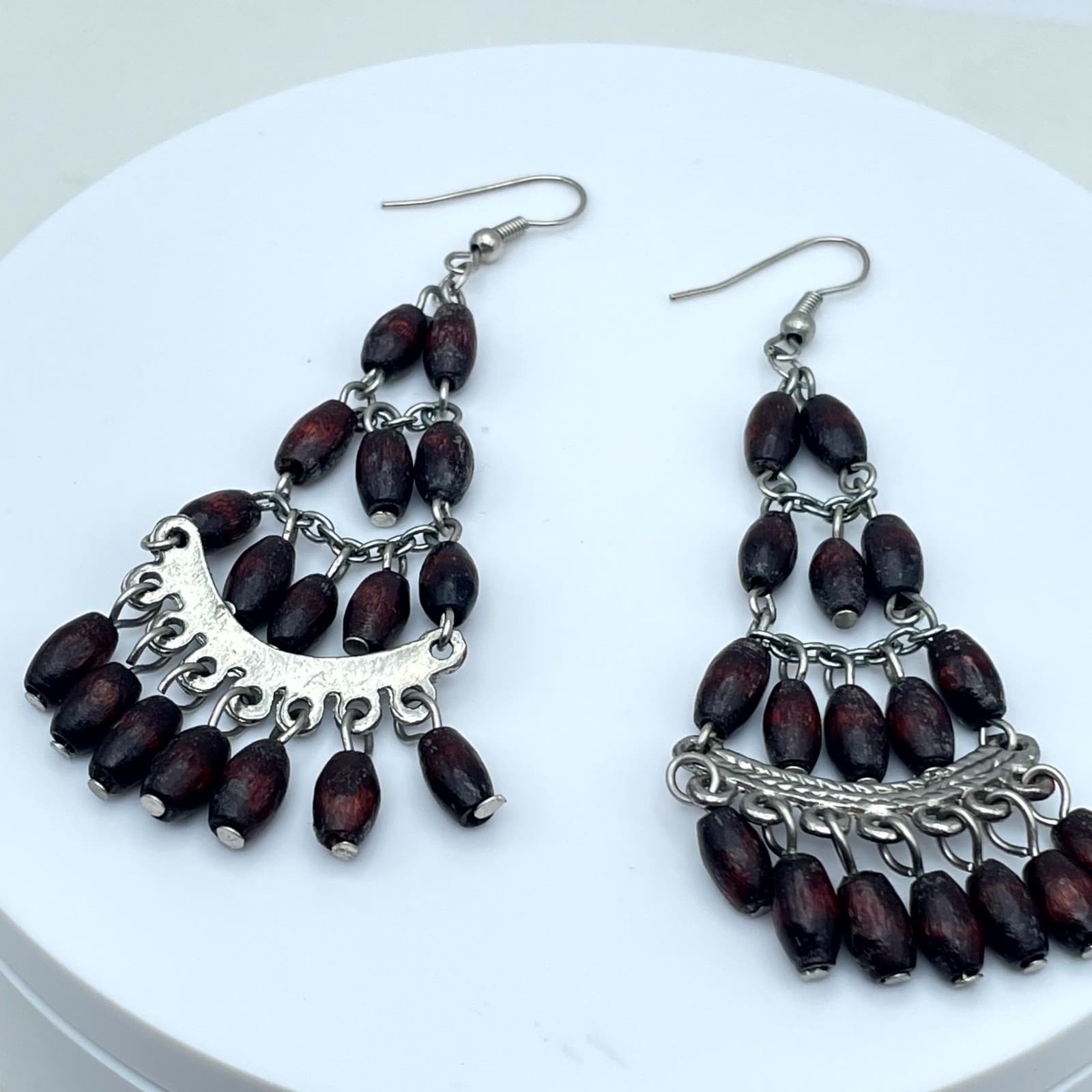 Vintage Silver-Tone Tribal Oval Wooden Beads Dangle Chandelier Hook Earrings - Thumbnail 5