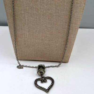 Vintage Y2K Silver Tone Heart Pendant Necklace Earrings Set Glass Bead Dangle - Image 1