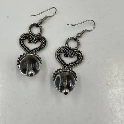 Vintage Y2K Silver Tone Heart Pendant Necklace Earrings Set Glass Bead Dangle - Thumbnail 2