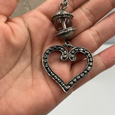 Vintage Y2K Silver Tone Heart Pendant Necklace Earrings Set Glass Bead Dangle - Thumbnail 5