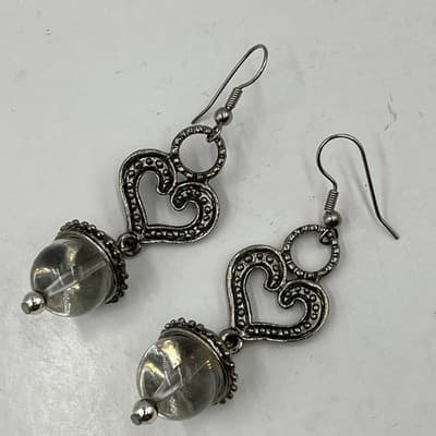 Vintage Y2K Silver Tone Heart Pendant Necklace Earrings Set Glass Bead Dangle - Thumbnail 11