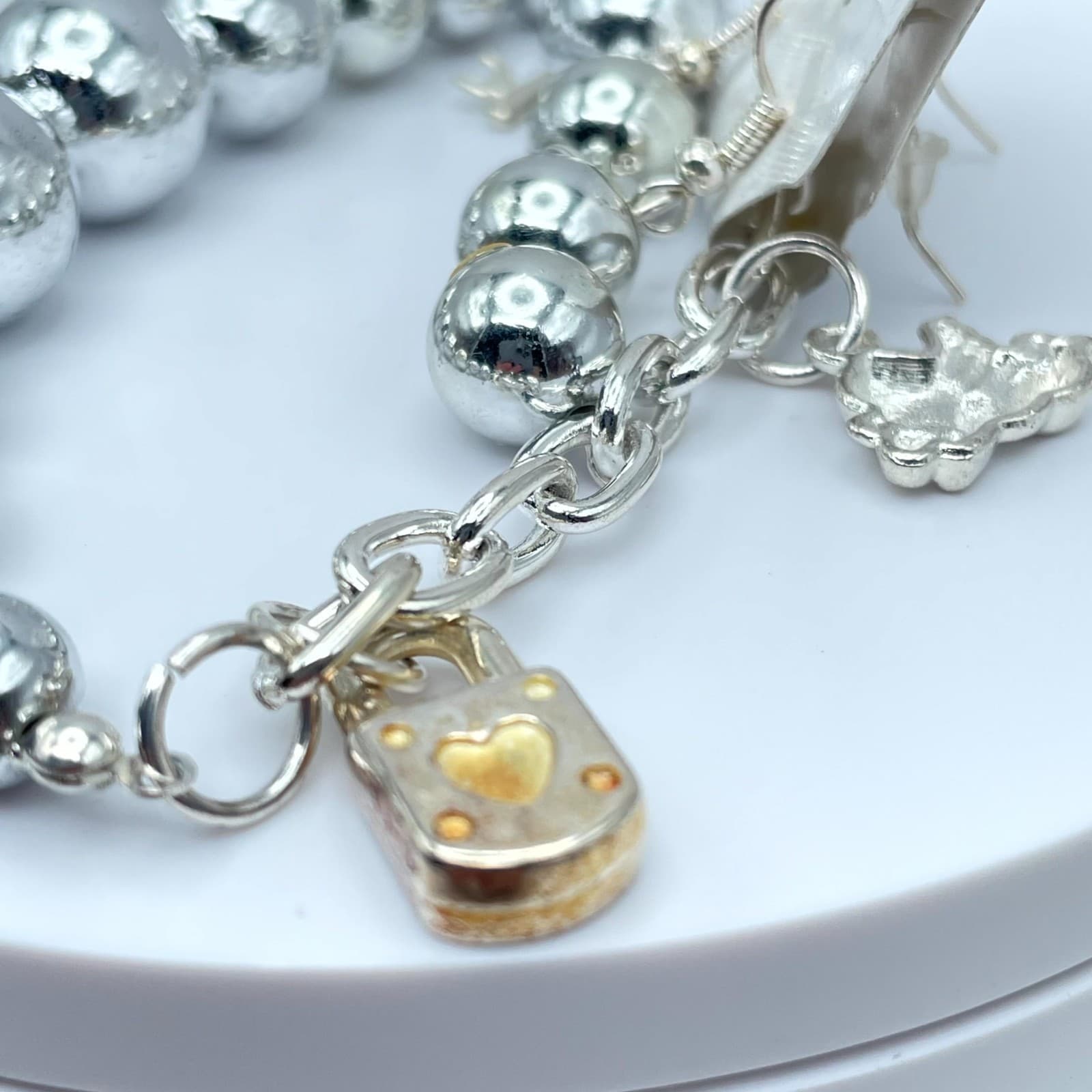 Y2K Circa 2010s Silver-Tone Key Bear Lock Charm Bracelet & Dangle Earrings Set - Thumbnail 6