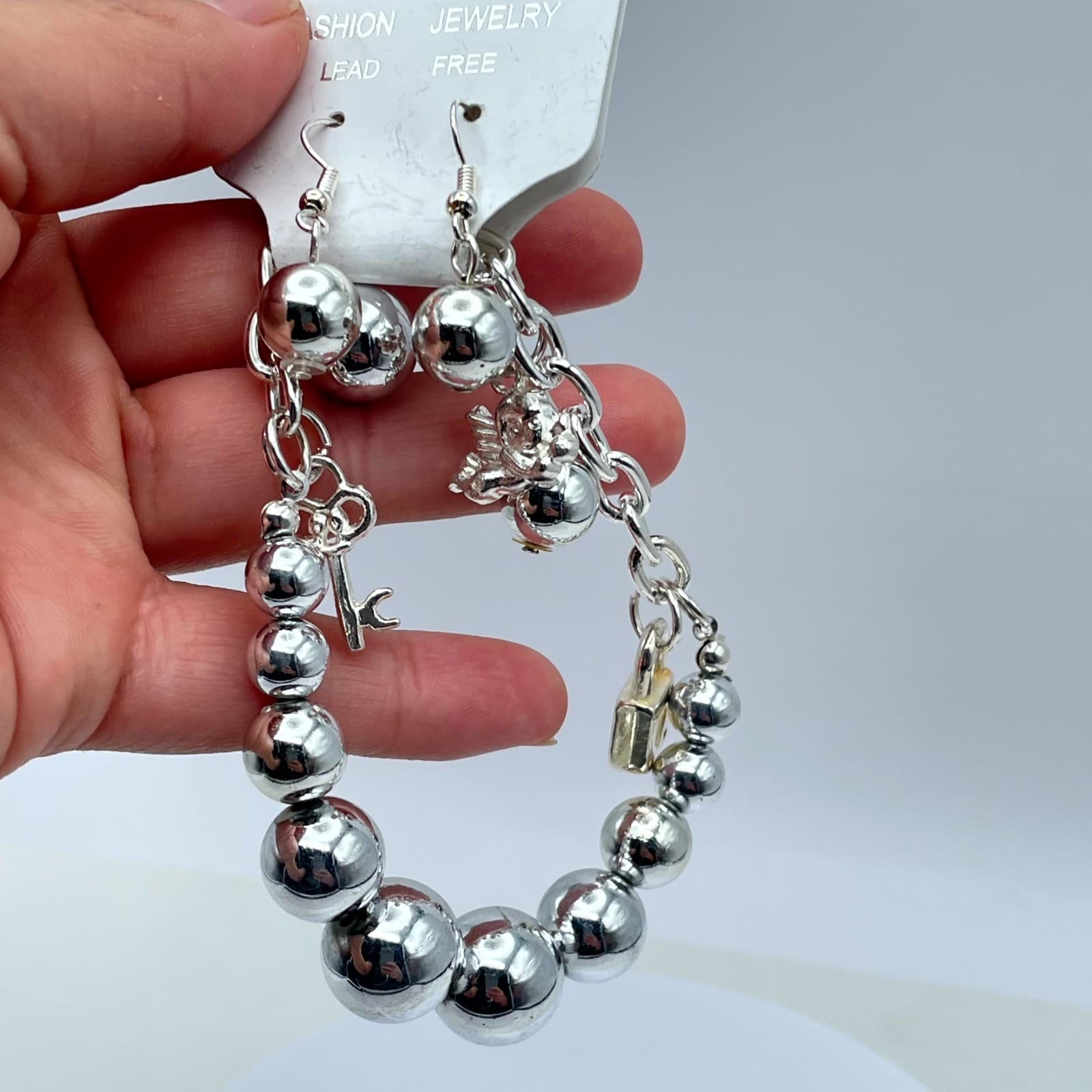 Y2K Circa 2010s Silver-Tone Key Bear Lock Charm Bracelet & Dangle Earrings Set - Thumbnail 7