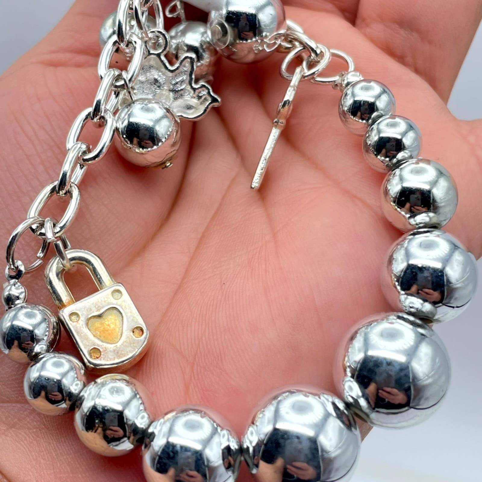 Y2K Circa 2010s Silver-Tone Key Bear Lock Charm Bracelet & Dangle Earrings Set - Thumbnail 9