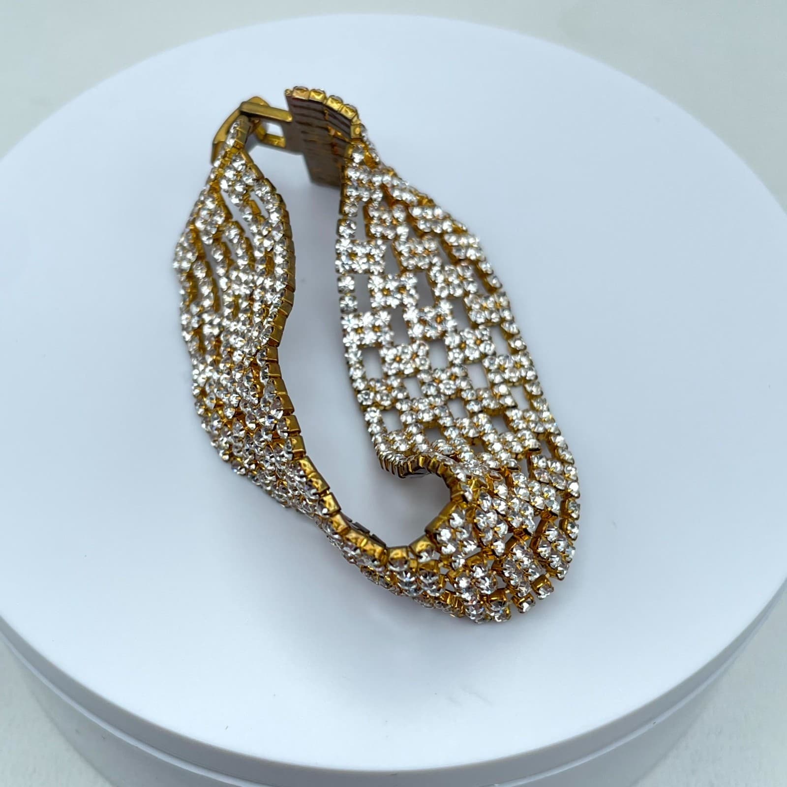 Vintage Retro Gold-Tone Classic Hollywood Glamour Prong Rhinestone Cuff Bracelet - Thumbnail 7