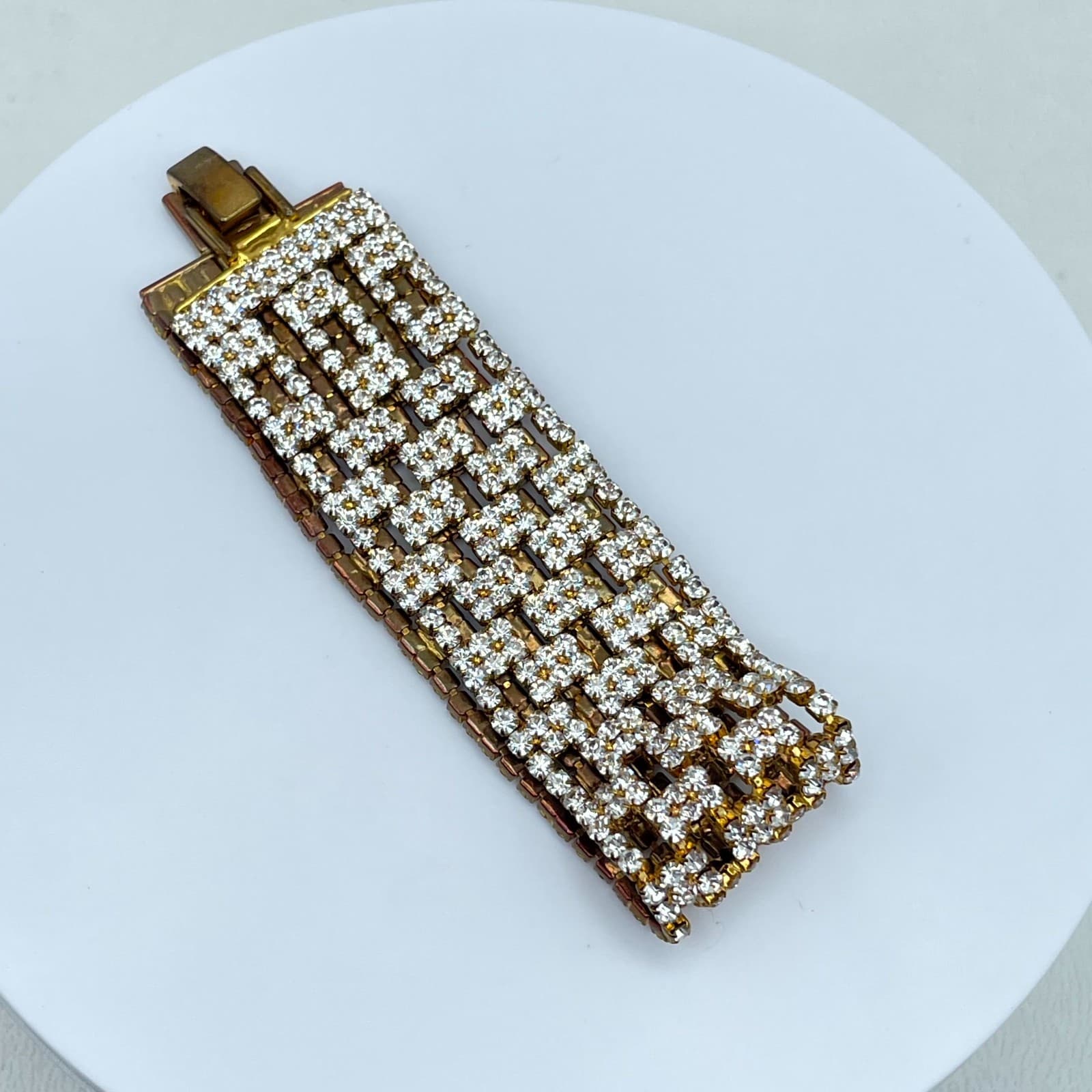 Vintage Retro Gold-Tone Classic Hollywood Glamour Prong Rhinestone Cuff Bracelet - Thumbnail 10