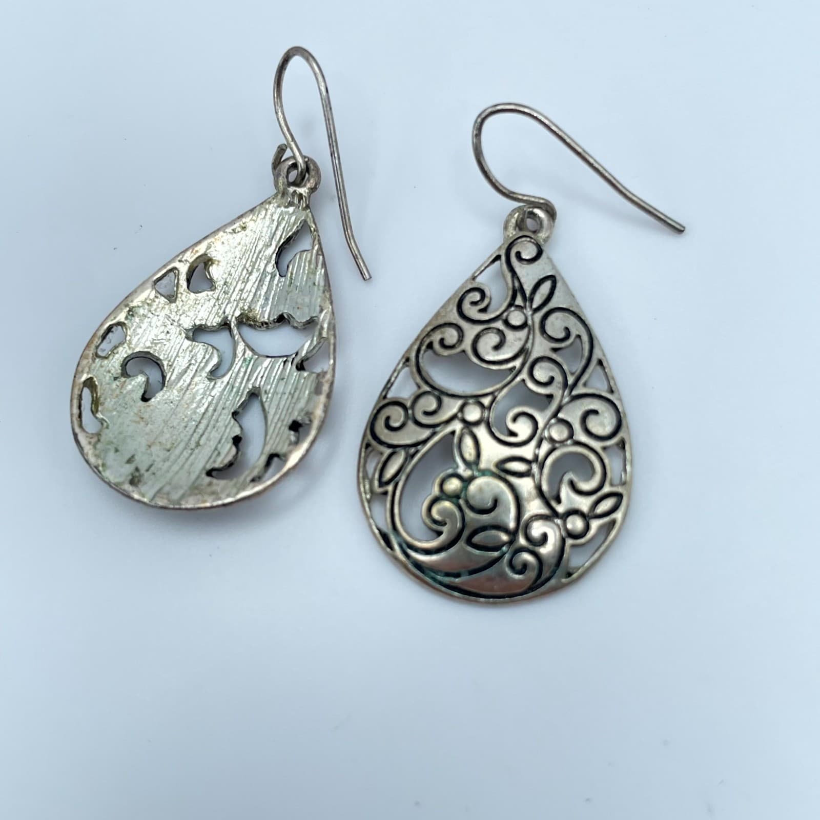 Vintage Celtic-Inspired Silver-Tone Filigree Teardrop Dangle French Hook Earring - Image 1