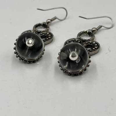 Vintage Y2K Silver Tone Heart Pendant Necklace Earrings Set Glass Bead Dangle - Thumbnail 9