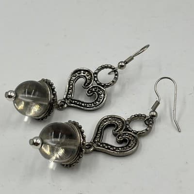 Vintage Y2K Silver Tone Heart Pendant Necklace Earrings Set Glass Bead Dangle - Thumbnail 10