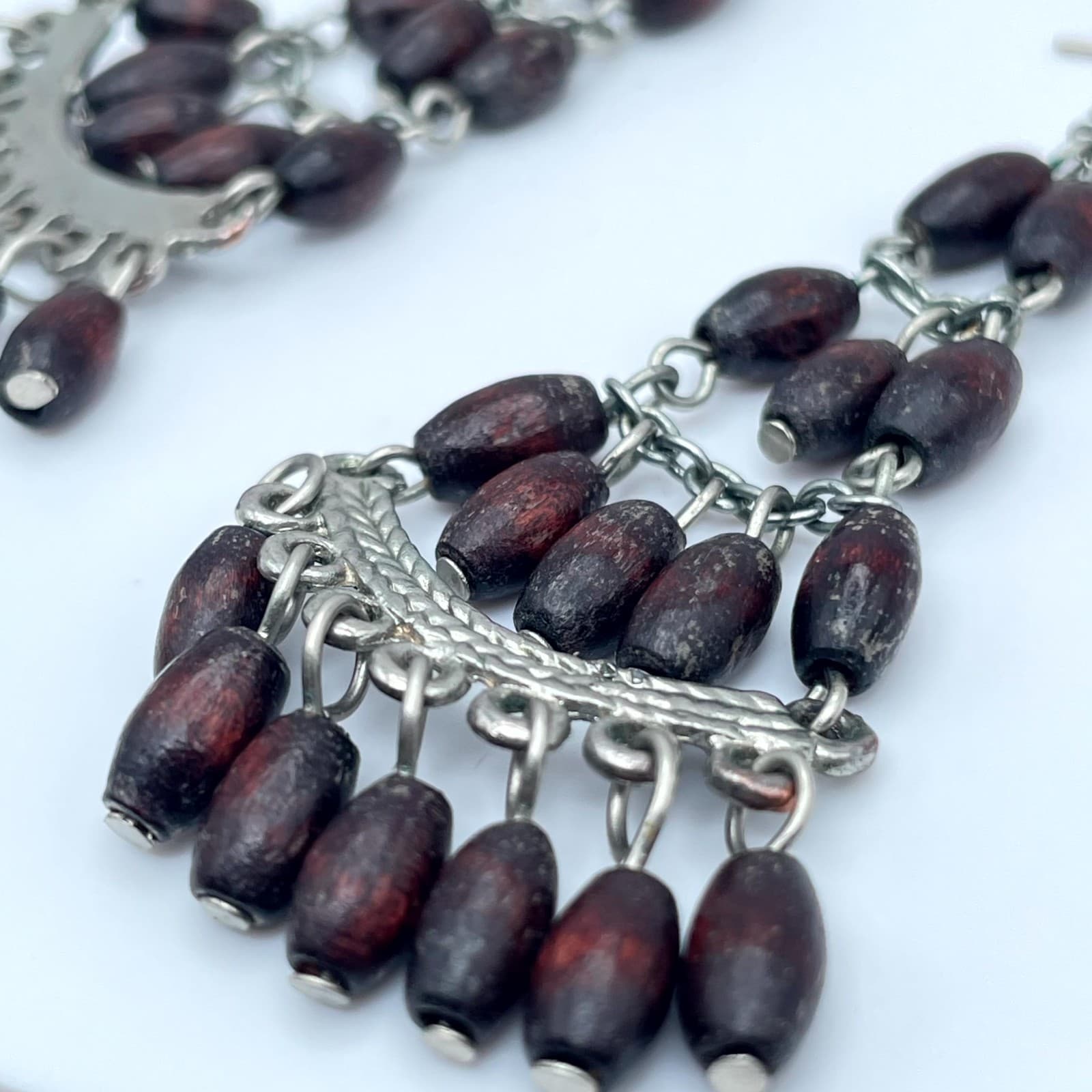 Vintage Silver-Tone Tribal Oval Wooden Beads Dangle Chandelier Hook Earrings - Thumbnail 3